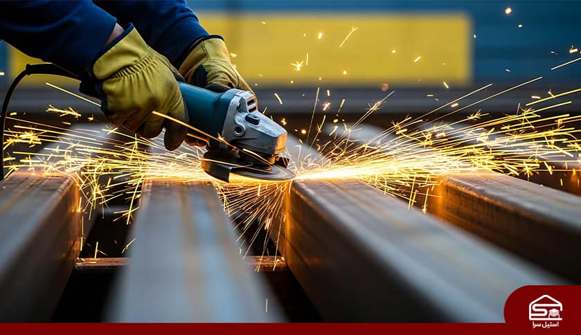 کلوزآپ پروفیل استیل در حال برش