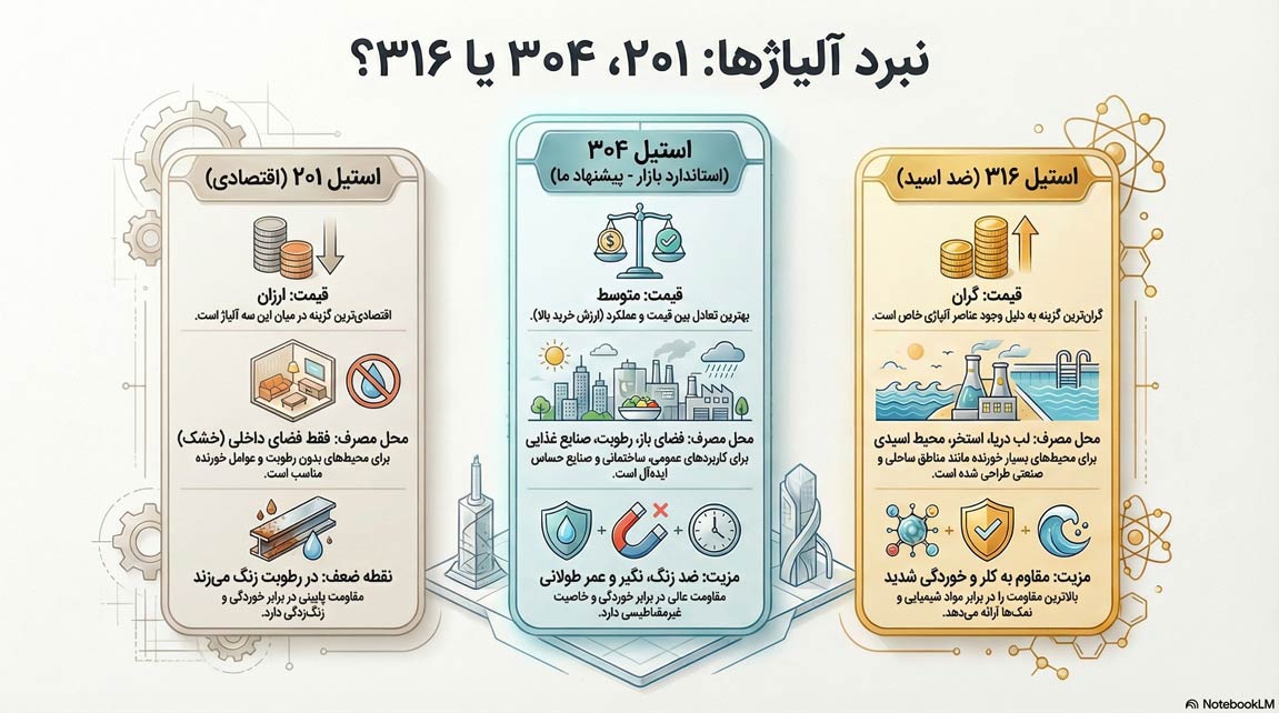 اینفوگرافی انواع آلیاژ لوله استیل ۳۰۴