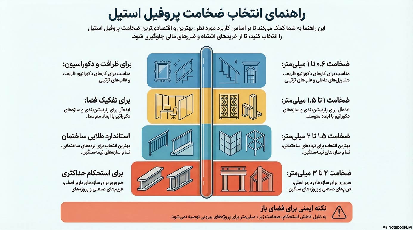 اینفوگرافیک انتخاب ضخامت پروفیل استیل 304 بر اساس نیاز پروژه