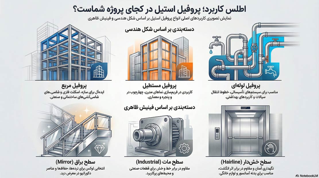 اینفوگرافیک انواع پروفیل استیل بر اساس کیفیت سطح