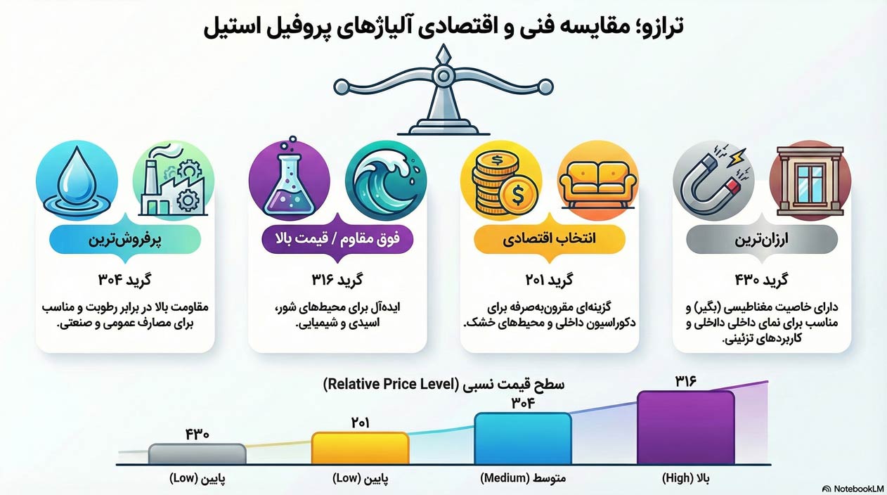 اینفوگرافیک انواع آلیاژ پروفیل استیل